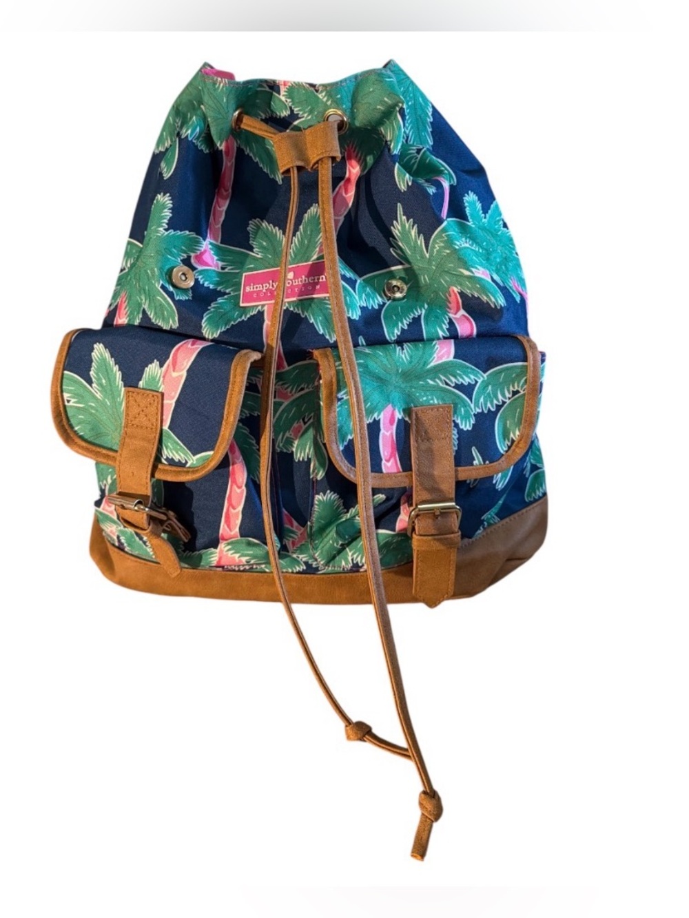 Simply Southern Tropical Navy Backpack with Tan Trim and Pink Accents EUC - Picture 3 of 8